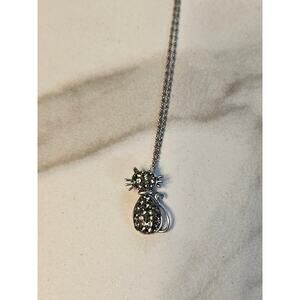 Vtg Kitty Cat 925 Sterling Silver Pendant Necklace Crystal 9.5" Drop Rope Chain